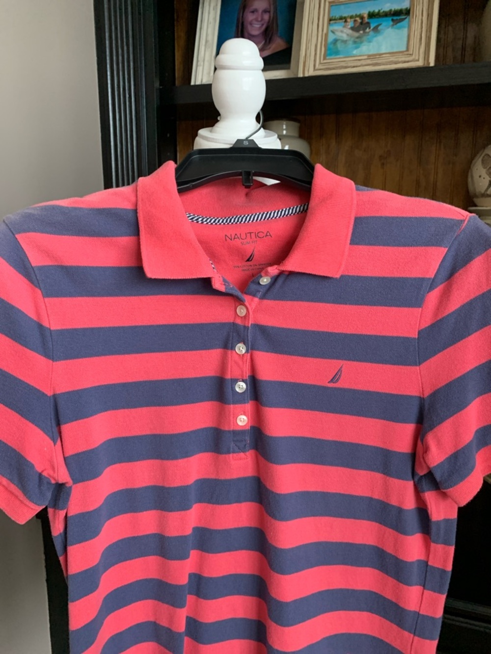 Nautica Women’s Coral and Blue Stripe Short Sleeve Polo